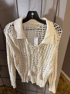 American Eagle Outfitters Cream Open-Knit Lace-Up V-Neck Sweater